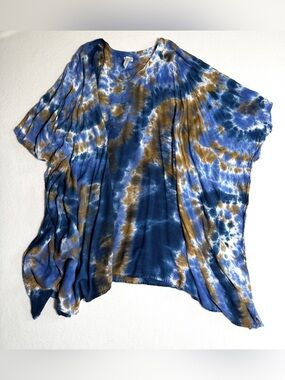 Blue and Brown Tie Dyed Cover Up or Summer Midi Dress Size OS Plus, Hand Made